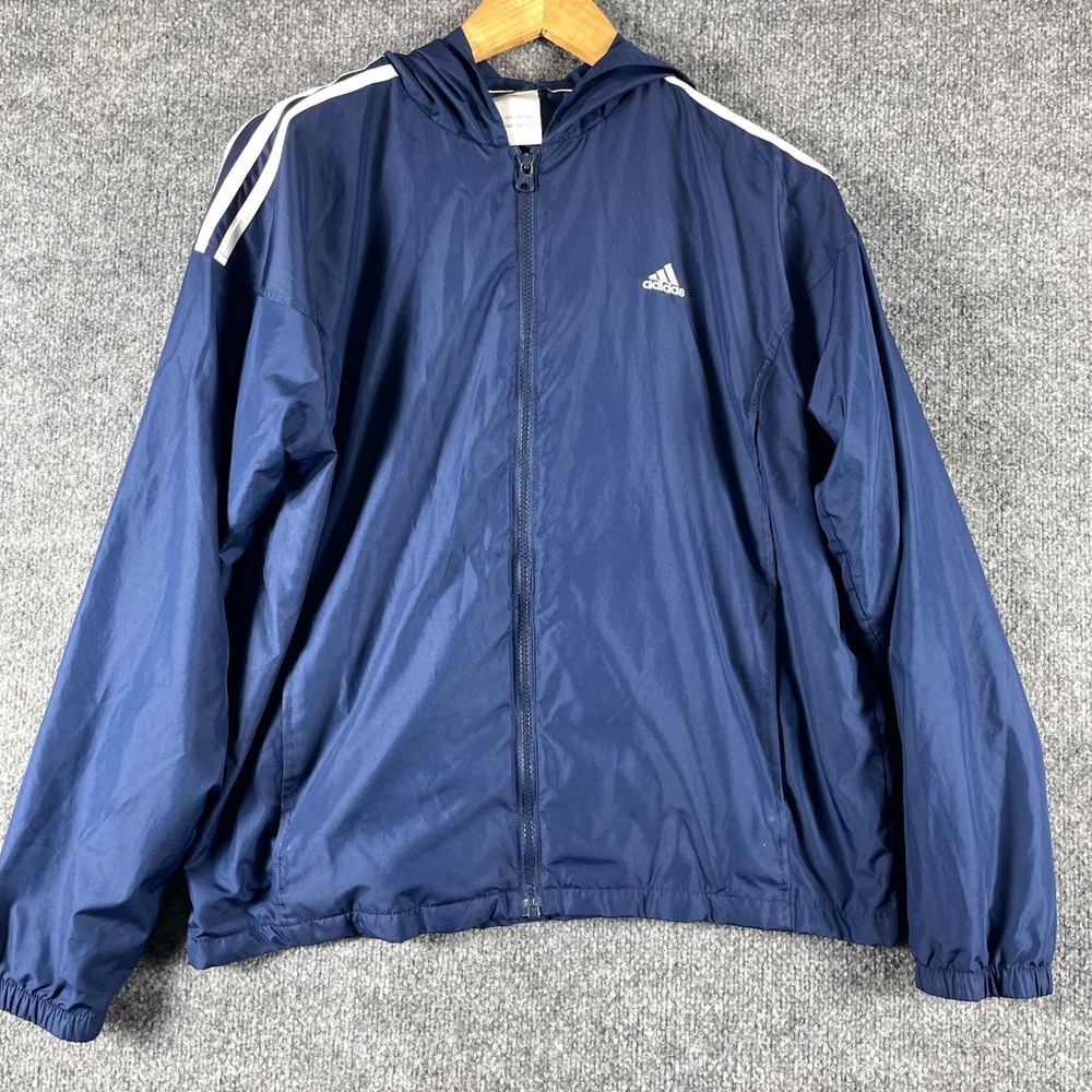Vtg Adidas Jacketr Mens XL Blue Three Stripe Hooded Full Zip Y2K Windbreaker